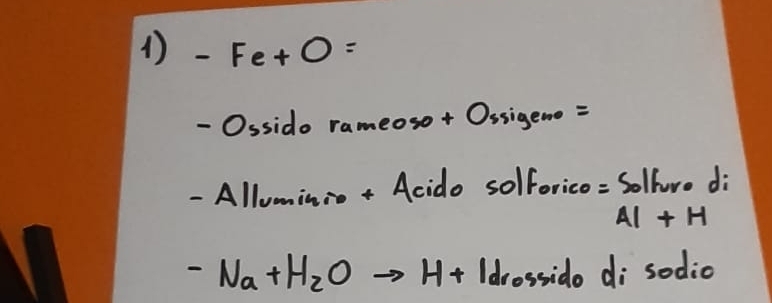 Fe+O=
- Ossido rameoso. +Ossigeme=
All lluminio + Acido solforico = Sollure di
AI+H
-Na+H_2Oto H+ Idrossido di sodio