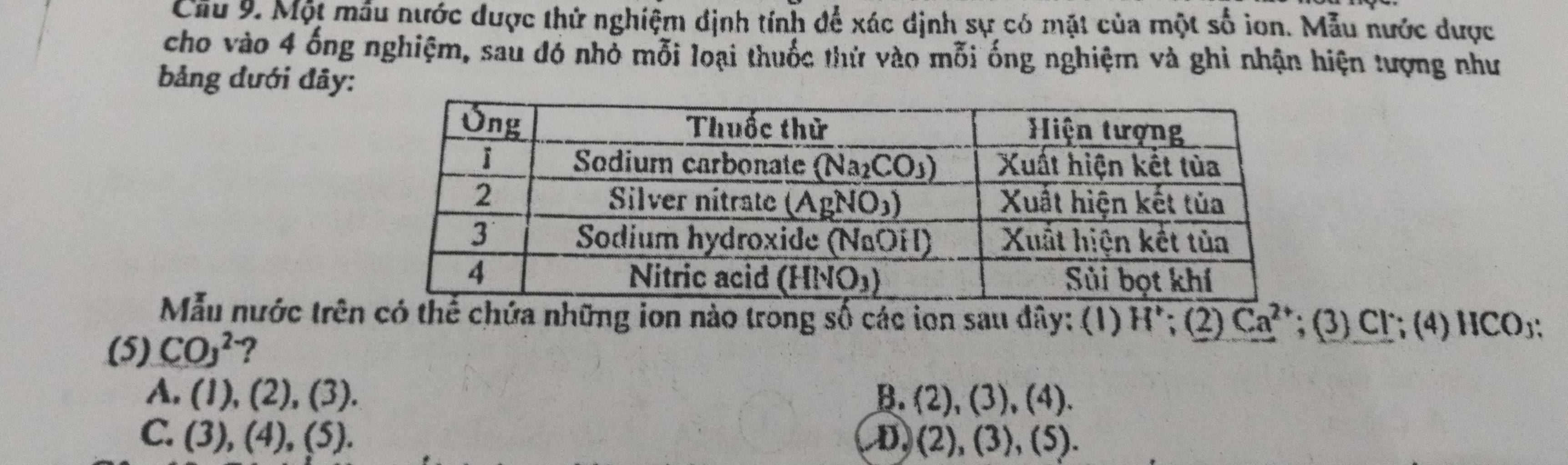 Cầu 9. Một mẫu nước được thử nghiệm định tính để xác dịnh sự có mặt của một số ion. Mẫu nước được
cho vào 4 ống nghiệm, sau đó nhỏ mỗi loại thuốc thứ vào mỗi ống nghiệm và ghi nhận hiện tượng như
bảng dưới đãy:
Mẫu nước trên có thể chứa những ion nào trong số các ion sau đây: (1) H'; (2) Ca^(2+); (3) Cl ; (4) HCO₃
(5) COJ^2 ?
A. (1),(2),(3). B. (2),(3),(4).
C. (3),(4),(5). D (2),(3),(5).