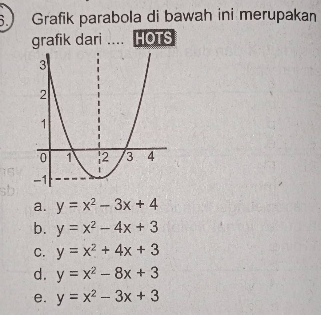 6.) Grafik parabola di bawah ini merupakan
grafik dari _HOTS
a. y=x^2-3x+4
b. y=x^2-4x+3
C. y=x^2+4x+3
d. y=x^2-8x+3
e. y=x^2-3x+3