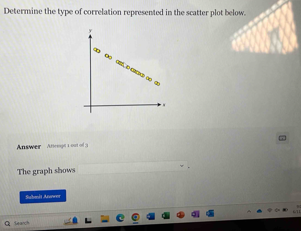 Determine the type of correlation represented in the scatter plot below. 
Answer Attempt 1 out of 3 
The graph shows □. 
Submit Answer
90
6/11 
Search