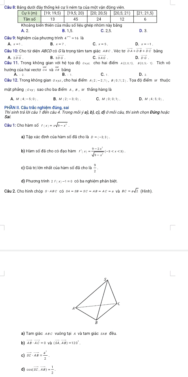 Bảng dưới đây thống kê cự li ném tạ của một vận động viên.
A. 2. B. 1,5. C. 2,5. D. 3.
Câu 9: Nghiệm của phương trình 4^(x-3)=16 là
A. x=1. B. x=7. C. x=5. D. x=-1.
Câu 10: Cho tứ diện ABCD có G là trọng tâm tam giác A BC. Véc tơ vector DA+vector DB+vector DC bằng
A. 2vector DG B. 3vector DG. C. vector 3AG. D. vector DG.
Câu 11. Trong không gian với hệ tọa độ oxyz, cho hai điểm A(2;0;1). B (0;5;-1) Tích vô
hướng của hai vectơ đA và 08 bằng
A. - 2 B. - 1 C. 1 D. 2.
Câu 12. Trong không gian 0xyz , cho hai điểm A(2;-2;1),B(0;1;2).Tọa độ điểm M thuộc
mặt phẳng (0xy) sao cho ba điểm A , B , M thắng hàng là
A. M(4;-5;0). B. M(2;-3;0). C. M(0;0;1). D. M(4;5;0).
PHAN II. Câu trắc nghiệm đúng, sai
Thí sinh trả lời câu 1 đến câu 4. Trong mỗi ya),b),c), , d) ở mỗi câu, thí sinh chọn Đúng hoặc
Sai.
Câu 1: Cho hàm số f(x)=xsqrt(9-x^2).
a) Tập xác định của hàm số đã cho là D=(-3;3).
b) Hàm số đã cho có đạo hàm f'(x)= (9-2x^2)/sqrt(9-x^2) (-3
c) Giá trị lớn nhất của hàm số đã cho là  9/2 .
d) Phương trình 2f(x)-1=0 có ba nghiệm phân biệt.
Câu 2. Cho hình chóp s · ABC có SA=SB=SC=AB=AC=a và BC=asqrt(2) (Hình).
a) Tam giác AвC vuông tại A và tam giác sAв đều.
b) vector AB· vector AC=0 (vector SA,vector AB)=120°.
c) overline SC· overline AB= a^2/2 .
d) cos (overline SC,overline AB)= 1/2 .