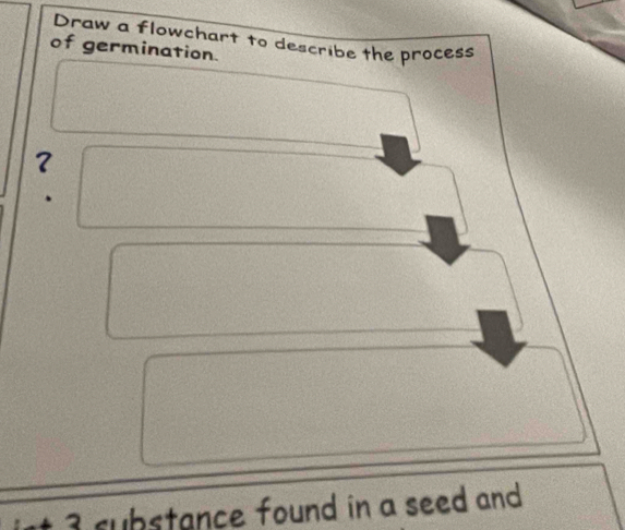 Draw a flowchart to describe the process 
of germination. 
?
3 substance found in a seed and