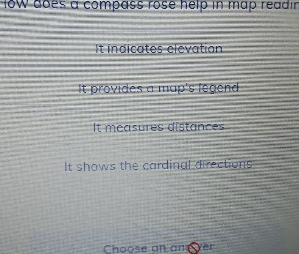 How doës a compass rose help in map readır
It indicates elevation
It provides a map's legend
It measures distances
It shows the cardinal directions
Choose an an ver