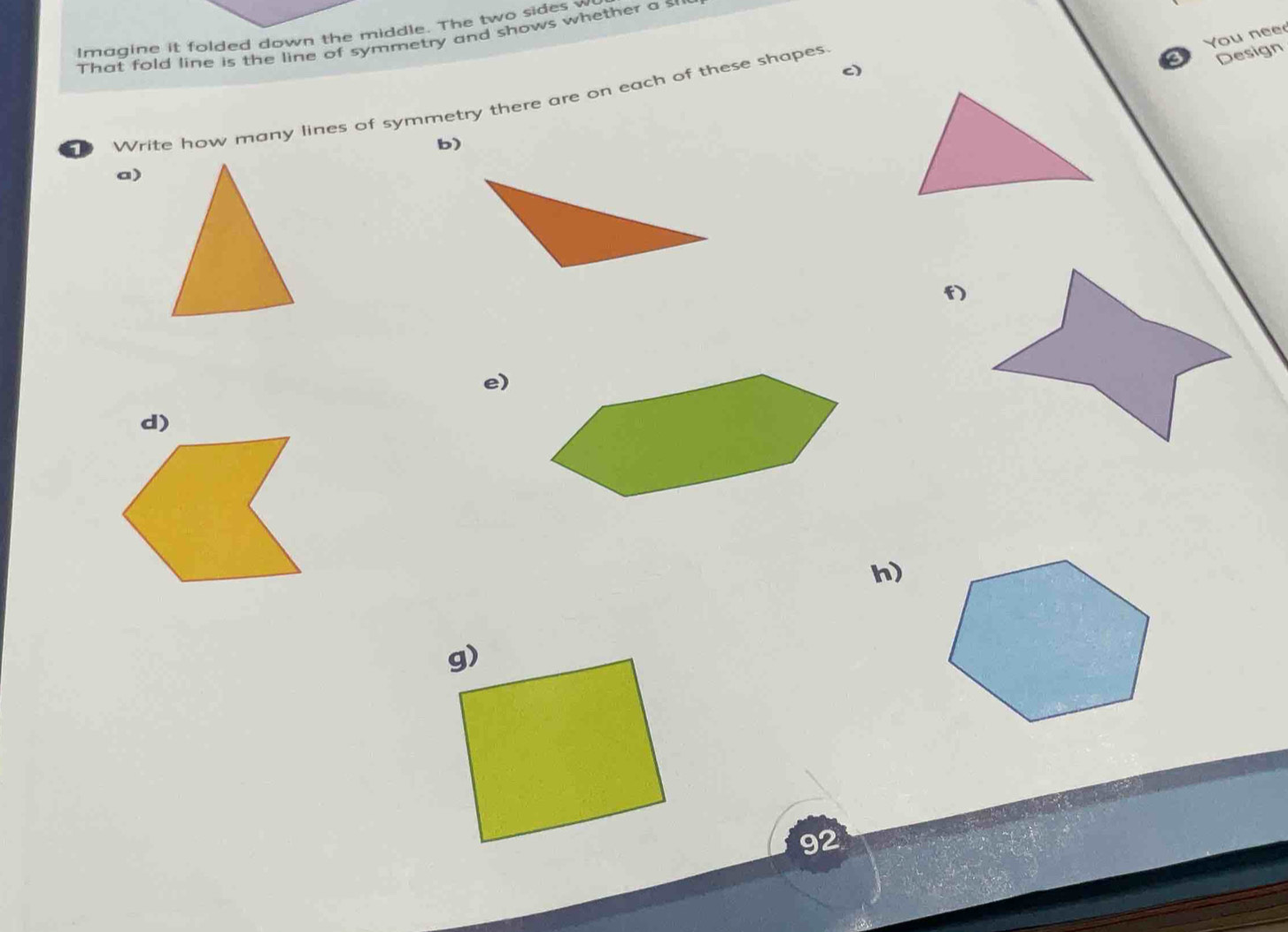 Imagine it folded down the middle. The two sides w 
You nee 
That fold line is the line of symmetry and shows whether a s 
Design 
c) 
Write how many lines of symmetry there are on each of these shapes. 
b) 
a) 

e) 
d) 
h) 
92