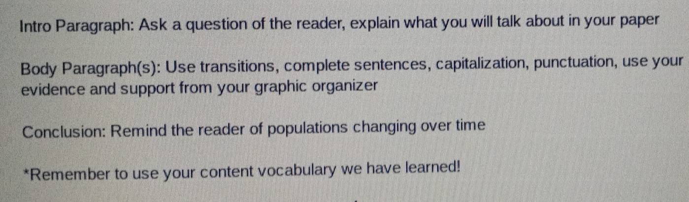 Intro Paragraph: Ask a question of the reader, explain what you will talk about in your paper 
Body Paragraph(s): Use transitions, complete sentences, capitalization, punctuation, use your 
evidence and support from your graphic organizer 
Conclusion: Remind the reader of populations changing over time 
*Remember to use your content vocabulary we have learned!