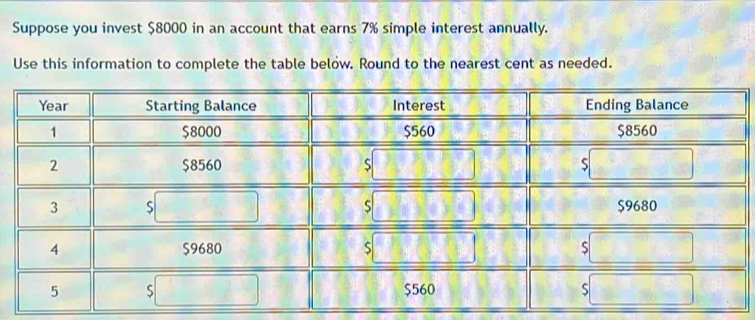 Suppose you invest $8000 in an account that earns 7% simple interest annually. 
Use this information to complete the table below. Round to the nearest cent as needed.