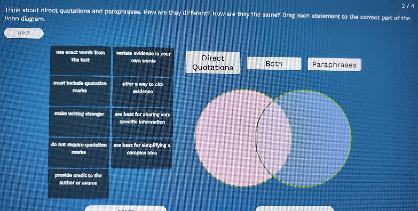 2 / 4
Think about direct quotations and paraphrases. How are they different? How are they the same? Drag each statement to the correct part of the
Venn diagram.
HINT
use exact words from restate evidence in your Direct
the text own words Paraphrases
Quotations
Both
must include quotation offer a way to cite
marks evidence
make writing stronger are best for sharing very
specific information
do not require quotation are best for simplifying a
marks complex idea
provide credit to the
author or source