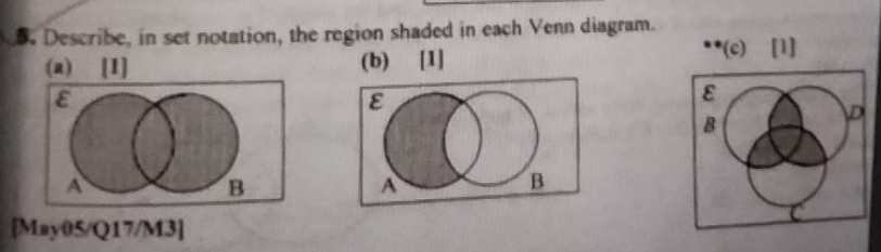 Describe, in set notation, the region shaded in each Venn diagram. 
(b) [1] **(c) [1] 
ε 
B 
D 
C 
[May05/Q17/M3]