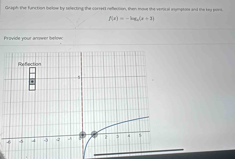 Graph the function below by selecting the correct reflection, then move the vertical asymptote and the key point.
f(x)=-log _4(x+3)
Provide your answer below: