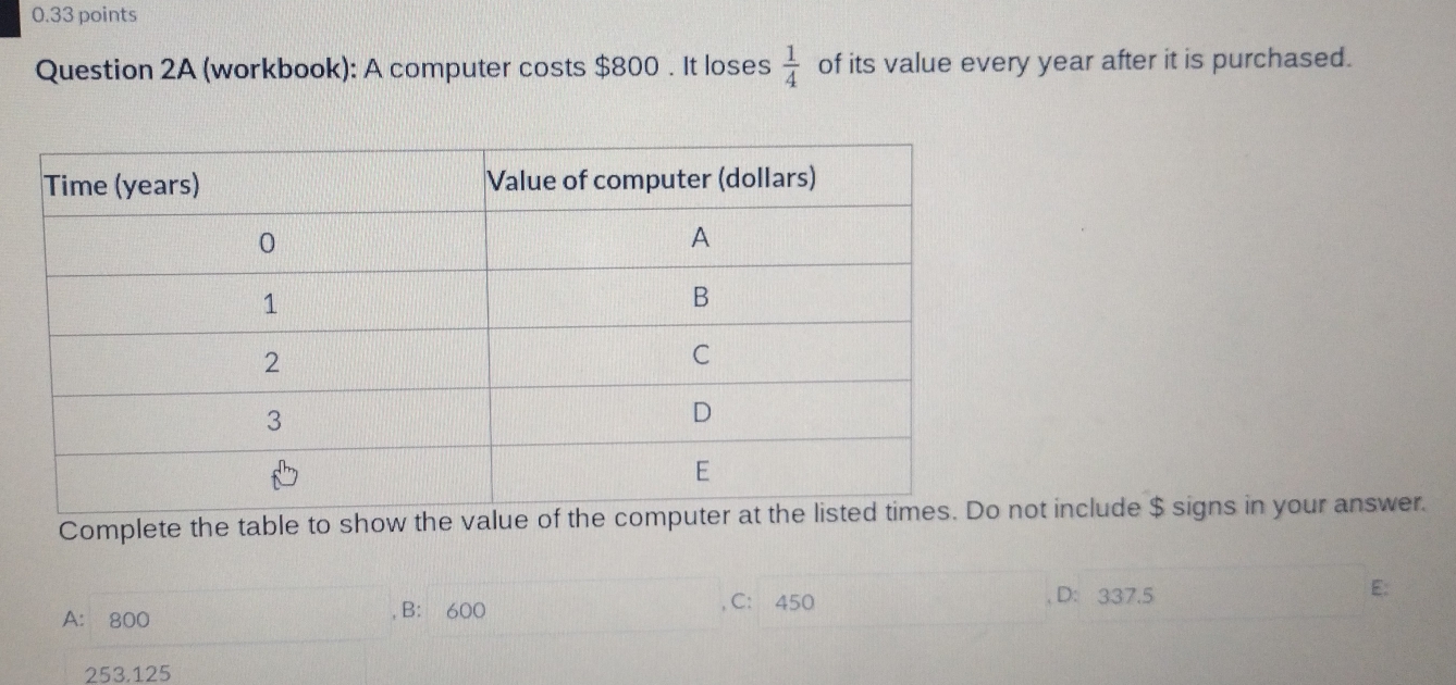 (workbook): A computer costs $800. It loses  1/4  of its value every year after it is purchased.
Complete the table to show th not include $ signs in your answer.
A： 800 B： 600 C: 450
D: 337.5
E:
253,125