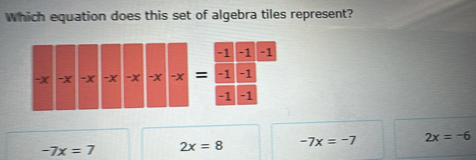 Which equation does this set of algebra tiles represent?
-1 -1 -1
-1 -1
-1 -1
2x=-6
-7x=7
2x=8
-7x=-7