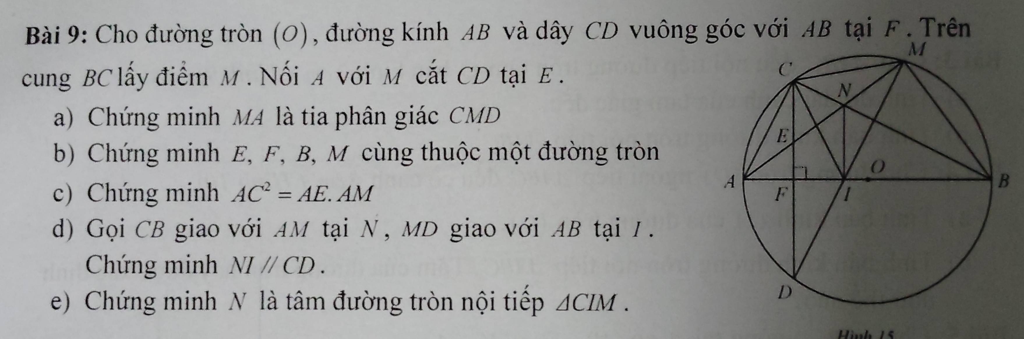 Cho đường tròn (O), đường kính AB và dây CD vuông góc với AB tại F. Trên 
cung BC lấy điểm M. Nối A với M cắt CD tại E. 
a) Chứng minh MA là tia phân giác CMD
b) Chứng minh E, F, B, M cùng thuộc một đường tròn 
c) Chứng minh AC^2=AE.AM
d) Gọi CB giao với AM tại N, MD giao với AB tại I. 
Chứng minh NIparallel CD. 
e) Chứng minh N là tâm đường tròn nội tiếp △ CIM. 
Hình 15