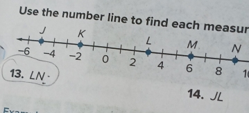 Use the number line to find each measur 
1 
14. JL