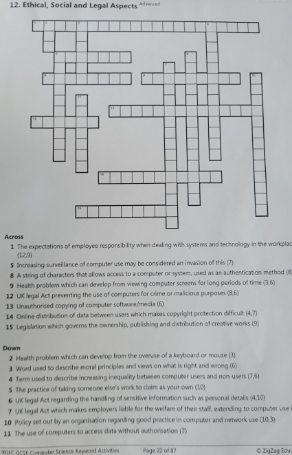 Ethical, Social and Legal Aspects Advanced 
Across 
1 The expectations of employee responsibility when dealing with systems and technology in the workplad
(12,9)
5 Increasing surveillance of computer use may be considered an invasion of this (7) 
8 A string of characters that allows access to a computer or system, used as an authentication method (8) 
9 Health problem which can develop from viewing computer screens for long periods of time (3,6)
12 UK legal Act preventing the use of computers for crime or malicious purposes (8,6)
13 Unauthorised copying of computer software/media (6) 
14 Online distribution of data between users which makes copyright protection difficult (4,7)
15 Legislation which governs the ownership, publishing and distribution of creative works (9) 
Down 
2 Health problem which can develop from the overuse of a keyboard or mouse (3) 
3 Word used to describe moral principles and views on what is right and wrong (6) 
4 Term used to describe increasing inequality between computer users and non-users (7,6)
5 The practice of taking someone else's work to claim as your own (10) 
6 UK legal Act regarding the handling of sensitive information such as personal details (4,10)
7 UK legal Act which makes employers liable for the welfare of their staff, extending to computer use 
10 Policy set out by an organisation regarding good practice in computer and network use (10,3)
11 The use of computers to access data without authorisation (7) 
WJEC GCSE Computer Science Keyword Activities Page 22 of 87 O Zig Zag Edu