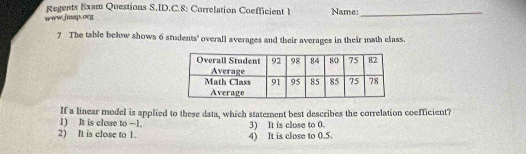 Regents Exam Questions S.ID.C.S: Correlation Coefficient 1 Name:_
www.jmap.org
7 The table below shows 6 students' overall averages and their averages in their math class.
If a linear model is applied to these data, which statement best describes the correlation coefficient?
1) It is close to -1, 3) It is close to 0.
2) It is close to 1. 4) It is close to 0.5.