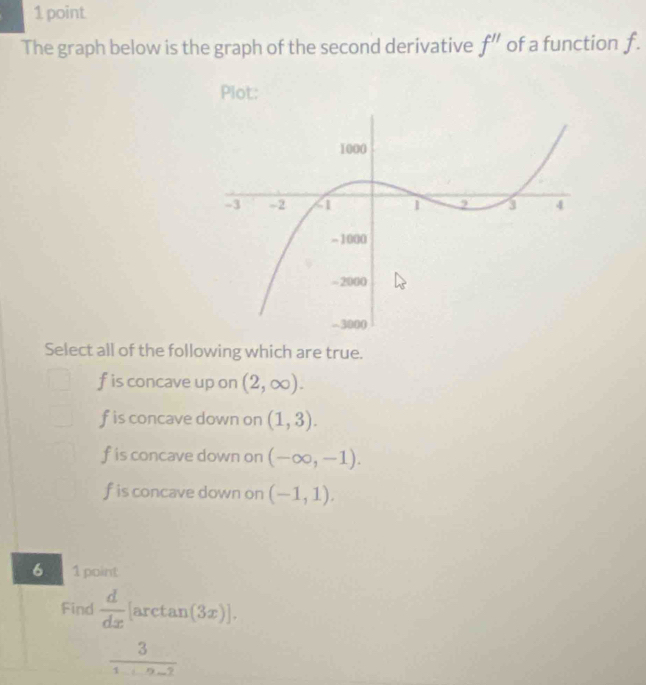 The graph below is the graph of the second derivative f'' of a function f.
Plot:
Select all of the following which are true.
f is concave up on (2,∈fty ).
f is concave down on (1,3).
f is concave down on (-∈fty ,-1).
f is concave down on (-1,1). 
6 1 point
Find  d/dx  [arctan (3x)]
 3/1-1-9-2 