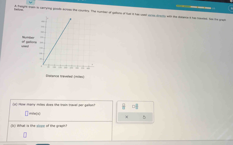 2/5 B 
below. 
A freight train is carrying goods across the country. The number of gallons of fuel it has used varies directly with the distance it has traveled. See the graph 
Number 
of gallons
used 
Distance traveled (miles) 
(a) How many miles does the train travel per gallon?
 □ /□   □  □ /□  
mile (s) 
× 5 
(b) What is the slope of the graph?