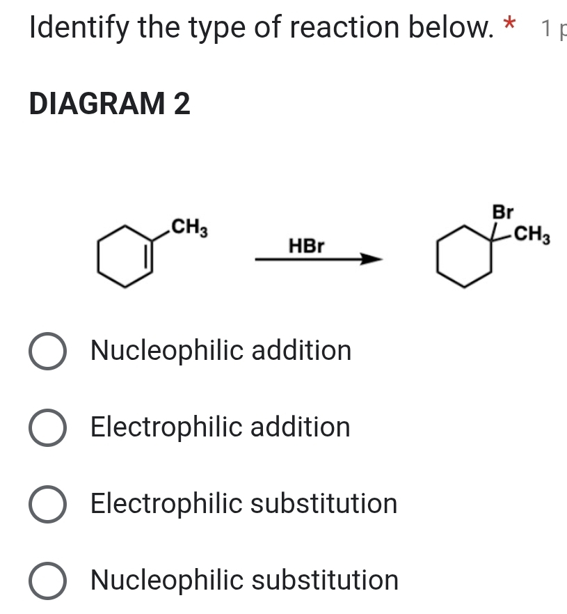 Identify the type of reaction below. * 1 p
DIAGRAM 2
Br
HBr
CH_3
Nucleophilic addition
Electrophilic addition
Electrophilic substitution
Nucleophilic substitution