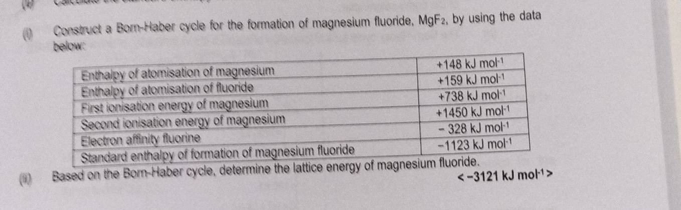 Construct a Born-Haber cycle for the formation of magnesium fluoride, MgF_2 , by using the data
below:
(i) Based on the Born-Haber cycle, determine the lattice