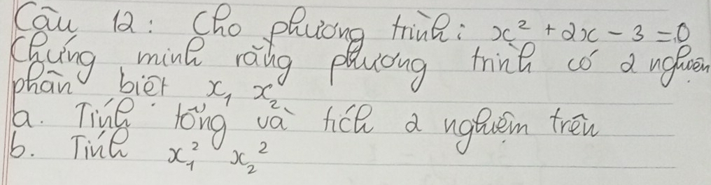 Cau 12 : (ho phuong triue : x^2+2x-3=0
CBuing minl roing plcoing trine co a ngfen
phān biēr x_1x_2
a. Tine long vá ticl a ugeuem trén
6. Tine x^2_1x^2_2