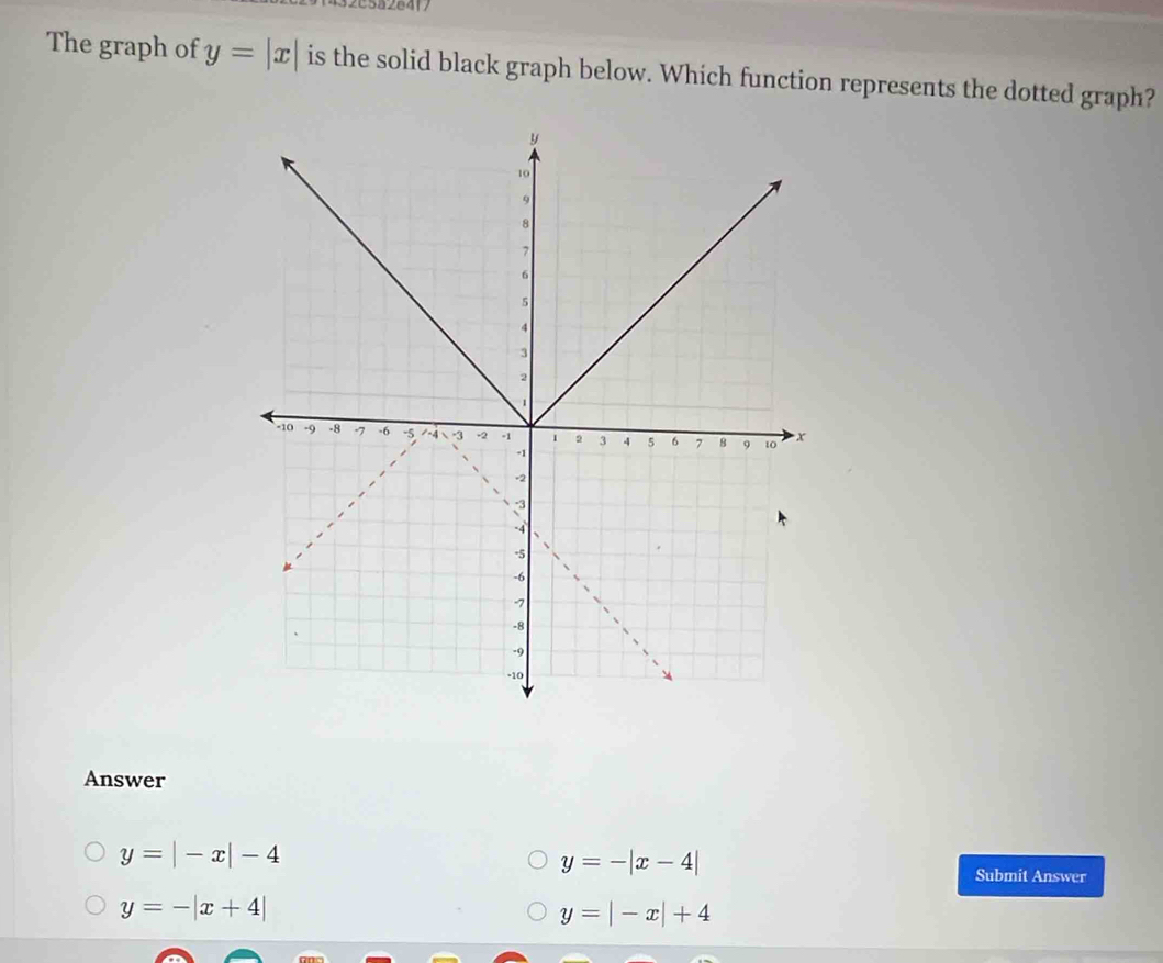 ( 4 3285a26417
The graph of y=|x| is the solid black graph below. Which function represents the dotted graph?
Answer
y=|-x|-4
y=-|x-4|
Submit Answer
y=-|x+4|
y=|-x|+4