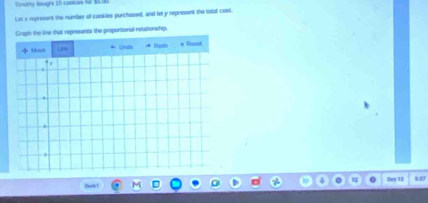 Tmothy bought 50 caokies for $0
Le a represent the number of cookes purchased, and let y represent the letal cosil. 
Graph the line that represents the proponsional netationship. 
+Movs Lane * Undo Rol # Roud 
. 
1 
Des 12 1∞