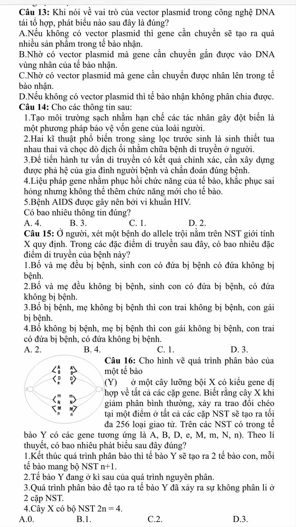 Khi nói về vai trò của vector plasmid trong công nghệ DNA
tái tổ hợp, phát biểu nào sau đây là đúng?
A.Nếu không có vector plasmid thì gene cần chuyền sẽ tạo ra quá
nhiều sản phầm trong tế bào nhận.
B.Nhờ có vector plasmid mà gene cần chuyển gắn được vào DNA
vùng nhân của tế bào nhận.
C.Nhờ có vector plasmid mà gene cần chuyển được nhân lên trong tế
bào nhận.
D.Nếu không có vector plasmid thì tế bào nhận không phân chia được.
Câu 14: Cho các thông tin sau:
1.Tạo môi trường sạch nhằm hạn chế các tác nhân gây đột biến là
một phương pháp bảo vệ vồn gene của loài người.
2.Hai kĩ thuật phổ biến trong sàng lọc trước sinh là sinh thiết tua
nhau thai và chọc dò dịch ối nhằm chữa bệnh di truyền ở người.
3.Để tiến hành tư vấn di truyền có kết quả chính xác, cần xây dựng
được phả hệ của gia đình người bệnh và chần đoán đúng bệnh.
4.Liệu pháp gene nhằm phục hồi chức năng của tế bào, khắc phục sai
hỏng nhưng không thể thêm chức năng mới cho tế bào.
5.Bệnh AIDS được gây nên bởi vi khuân HIV.
Có bao nhiêu thông tin đúng?
A. 4. B. 3. C. 1. D. 2.
Câu 15: Ở người, xét một bệnh do allele trội nằm trên NST giới tính
X quy định. Trong các đặc điểm di truyền sau đây, có bao nhiêu đặc
điểm di truyền của bệnh này?
1.Bố và mẹ đều bị bệnh, sinh con có đứa bị bệnh có đứa không bị
bệnh.
2.Bố và mẹ đều không bị bệnh, sinh con có đứa bị bệnh, có đứa
không bị bệnh.
3.Bố bị bệnh, mẹ không bị bệnh thì con trai không bị bệnh, con gái
bị bệnh.
4.Bố không bị bệnh, mẹ bị bệnh thì con gái không bị bệnh, con trai
có đứa bị bệnh, có đứa không bị bệnh.
A. 2. B. 4. C. 1. D. 3.
Câu 16: Cho hình vẽ quá trình phân bào của
một tế bào
(Y) ở một cây lưỡng bội X có kiểu gene dị
hợp về tất cả các cặp gene. Biết rằng cây X khi
giảm phân bình thường, xảy ra trao đổi chéo
tại một điểm ở tất cả các cặp NST sẽ tạo ra tối
đa 256 loại giao tử. Trên các NST có trong tế
bào Y có các gene tương ứng là A, B, D, e, M, m, N, n). Theo lí
thuyết, có bao nhiêu phát biểu sau đây đúng?
1.Kết thúc quá trình phân bào thì tế bào Y sẽ tạo ra 2 tế bào con, mỗi
tế bào mang bộ N sqrt(5) T n+1.
2.Tế bào Y đang ở kì sau của quá trình nguyên phân.
3.Quá trình phân bào để tạo ra tế bào Y đã xảy ra sự không phân li ở
2 cặp NST.
4.Cây X có bộ NST 2n=4.
A.0. B.1. C.2. D.3.