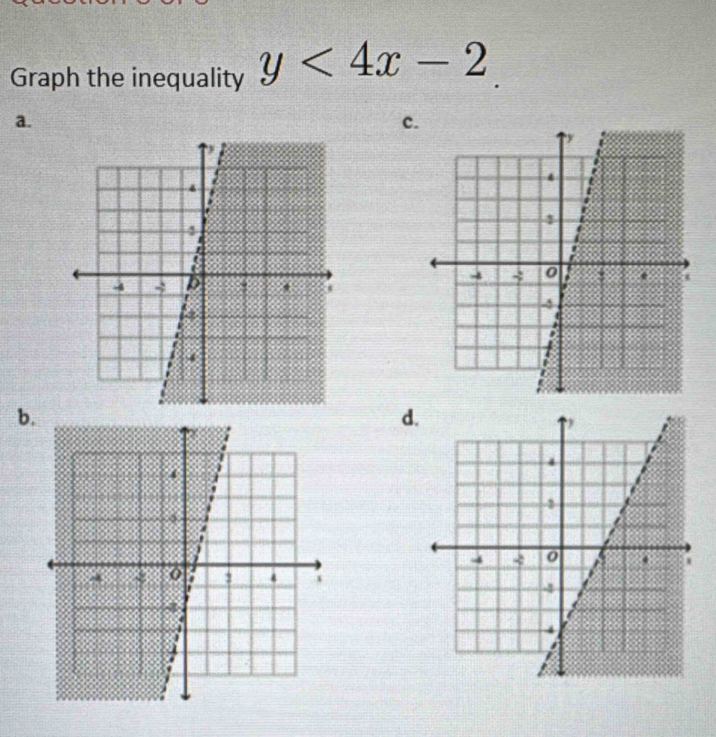 Graph the inequality y<4x-2</tex>. 
a. 
c 
b 
d