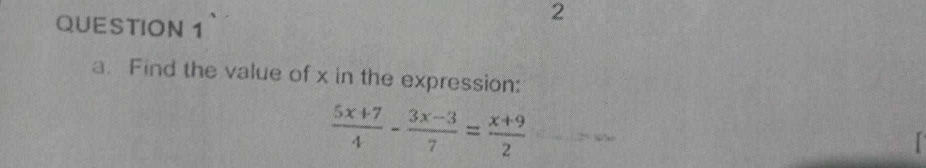 Find the value of x in the expression:
 (5x+7)/4 - (3x-3)/7 = (x+9)/2 