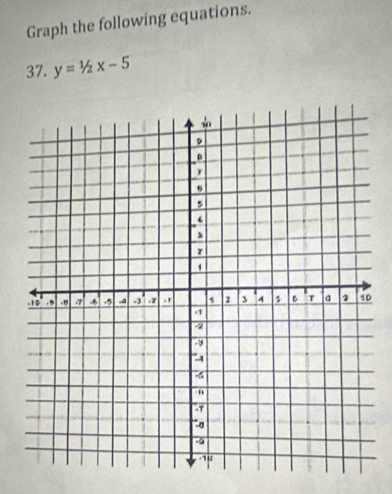 Graph the following equations.
37. y=1/2x-5