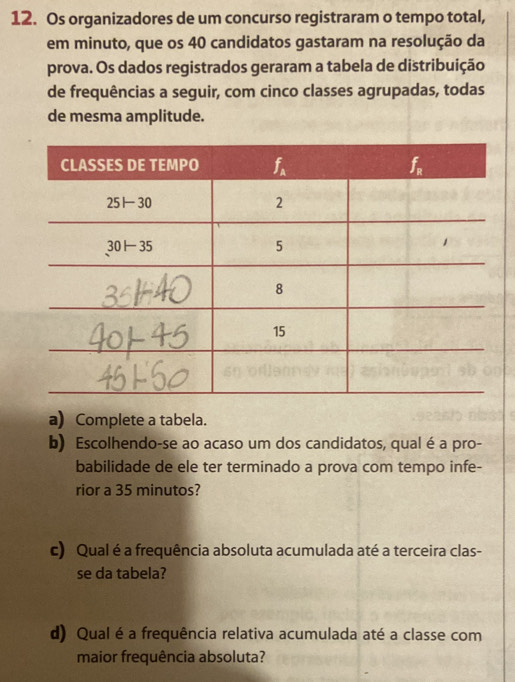 Os organizadores de um concurso registraram o tempo total,
em minuto, que os 40 candidatos gastaram na resolução da
prova. Os dados registrados geraram a tabela de distribuição
de frequências a seguir, com cinco classes agrupadas, todas
de mesma amplitude.
a) Complete a tabela.
b) Escolhendo-se ao acaso um dos candidatos, qual é a pro-
babilidade de ele ter terminado a prova com tempo infe-
rior a 35 minutos?
c) Qual é a frequência absoluta acumulada até a terceira clas-
se da tabela?
d) Qual é a frequência relativa acumulada até a classe com
maior frequência absoluta?