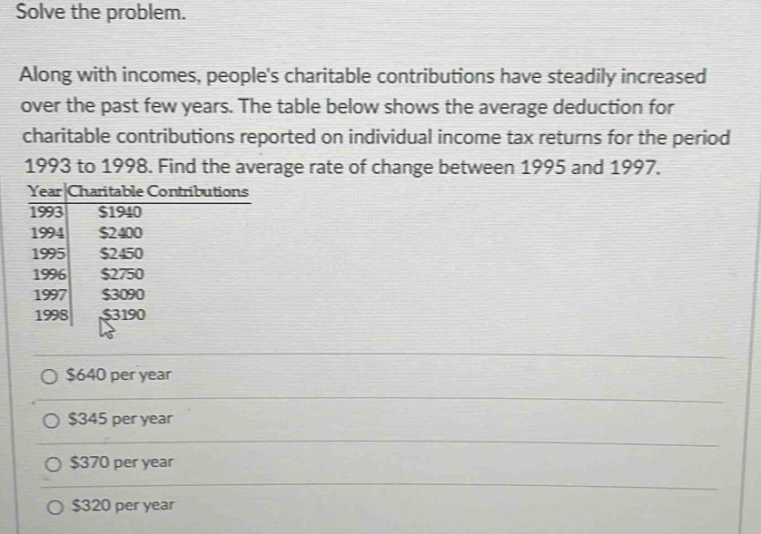 Solve the problem.
Along with incomes, people's charitable contributions have steadily increased
over the past few years. The table below shows the average deduction for
charitable contributions reported on individual income tax returns for the period
1993 to 1998. Find the average rate of change between 1995 and 1997.
$640 per year
$345 per year
$370 per year
$320 per year