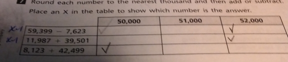 Round each number to the nearest thousand and then add or subtract.
Place an X in the table to show which number is the answer.