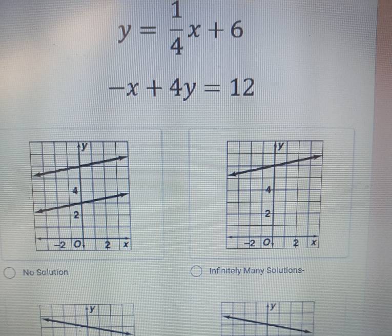 y= 1/4 x+6
-x+4y=12

No Solution Infinitely Many Solutions-
y
y