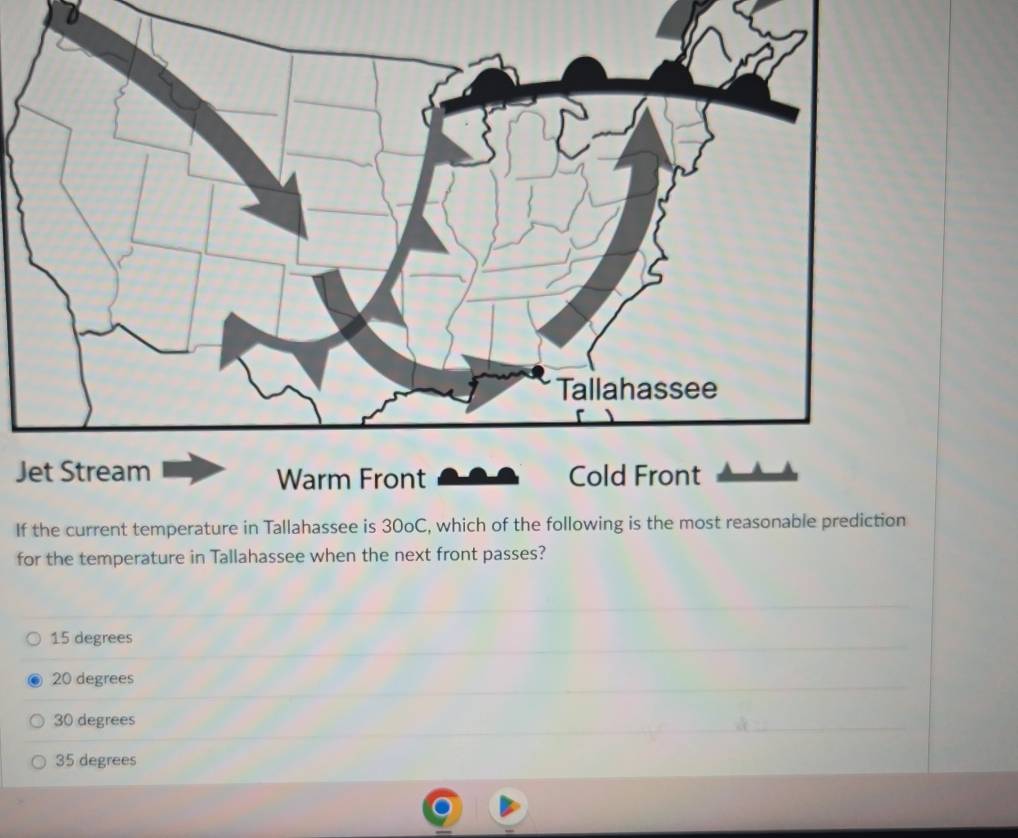 If the current temperature in Tallahassee is 30oC, which of the following is the most reasonable prediction
for the temperature in Tallahassee when the next front passes?
15 degrees
20 degrees
30 degrees
35 degrees