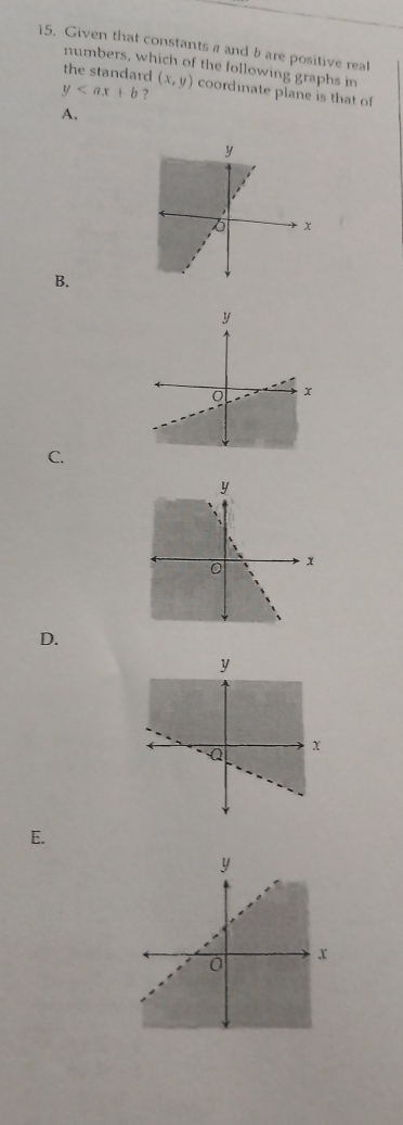 Given that constants a and b are positive real
numbers, which of the following graphs in
the standard (x,y) coordinate plane is that of
y ?
A.
B.
C.
D.
E.