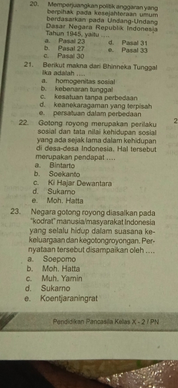 Memperjuangkan politik anggaran yan
berpihak pada kesejahteraan umum
berdasarkan pada Undang-Undang
Dasar Negara Republik Indonesia
Tahun 1945, yaitu ....
a. Pasal 23 d. Pasal 31
b. Pasal 27 e. Pasal 33
c. Pasal 30
21. Berikut makna dari Bhinneka Tunggal
lka adalah ....
a. homogenitas sosial
b. kebenaran tunggal
c. kesatuan tanpa perbedaan
d. keanekaragaman yang terpisah
e. persatuan dalam perbedaan
22. Gotong royong merupakan perilaku 2
sosial dan tata nilai kehidupan sosia
yang ada sejak lama dalam kehidupan
di desa-desa Indonesia. Hal tersebut
merupakan pendapat ....
a. Bintarto
b. Soekanto
c. Ki Hajar Dewantara
d. Sukamo
e. Moh. Hatta
23. Negara gotong royong diasalkan pada
''kodrat'' manusia/masyarakat Indonesia
yang selalu hidup dalam suasana ke-
keluargaan dan kegotongroyongan. Per-
nyataan tersebut disampaikan oleh .. ..
a. Soepomo
b. Moh. Hatta
c. Muh. Yamin
d. Sukarno
e. Koentjaraningrat
Pendídikan Pançasíla Kelas X-2/PN