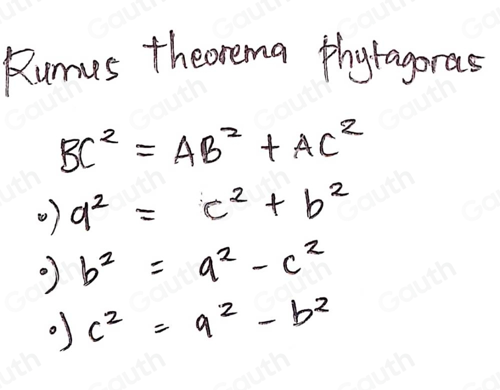 Rumus thearema phytagoras
BC^2=AB^2+AC^2
a^2=c^2+b^2
b^2=a^2-c^2
of c^2=9^2-b^2