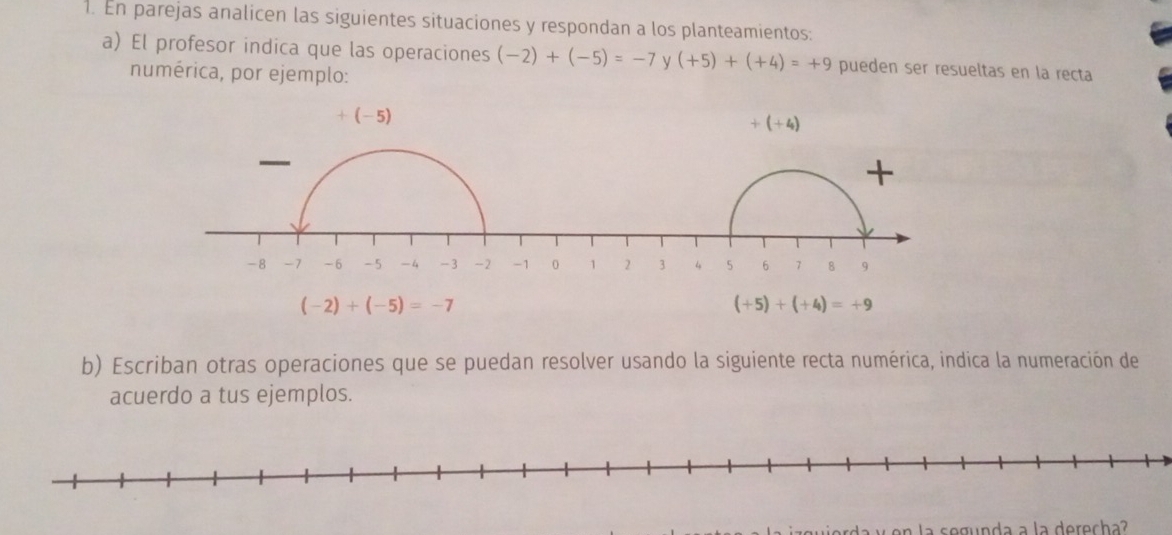 En parejas analicen las siguientes situaciones y respondan a los planteamientos:
a) El profesor indica que las operaciones (-2)+(-5)=-7 y (+5)+(+4)=+9 pueden ser resueltas en la recta
numérica, por ejemplo:
(-2)+(-5)=-7
(+5)+(+4)=+9
b) Escriban otras operaciones que se puedan resolver usando la siguiente recta numérica, indica la numeración de
acuerdo a tus ejemplos.
y e n la segunda a la derecha