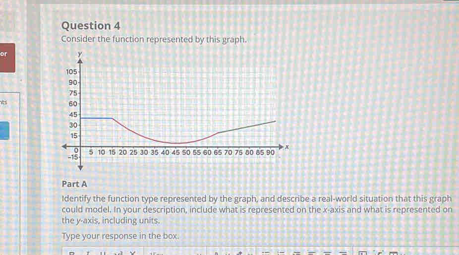 Consider the function represented by this graph. 
or 
its 
Part A 
Identify the function type represented by the graph, and describe a real-world situation that this graph 
could model. In your description, include what is represented on the x-axis and what is represented on 
the y-axis, including units. 
Type your response in the box.