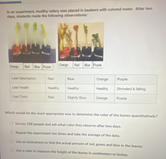 In an experiment, healthy celery was placed in beakers with colored water. After two
days, students made the following observations:
Orange Red Blue Purple 
Leaf Description Red Blue Orange Purple
Leaf Health Healthy Healthy Healthy Shriveled & falling
Leal Color Red Slightly Blue Orange Purple
Which would be the most appropriate way to determine the color of the leaves quantitatively?
Survey 100 people and ask what color they observe after two days.
Repeat the experiment ten times and take the average of the data.
Use an instrument to find the actual percent of red, green and blue in the leaves.
Use a ruler to measure the height of the leaves in centimeters or inches.