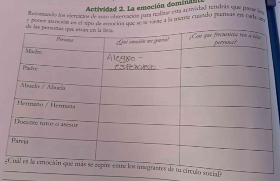 Actividad 2. La emoción dominan 
Retomando los ejercicios de auto observación para realizar esta actividad tendrás que pasar lisa 
y poner atención en el tipo de emoción que se te viene a la mente cuando piensas en cada una 
_ 
_¿social?