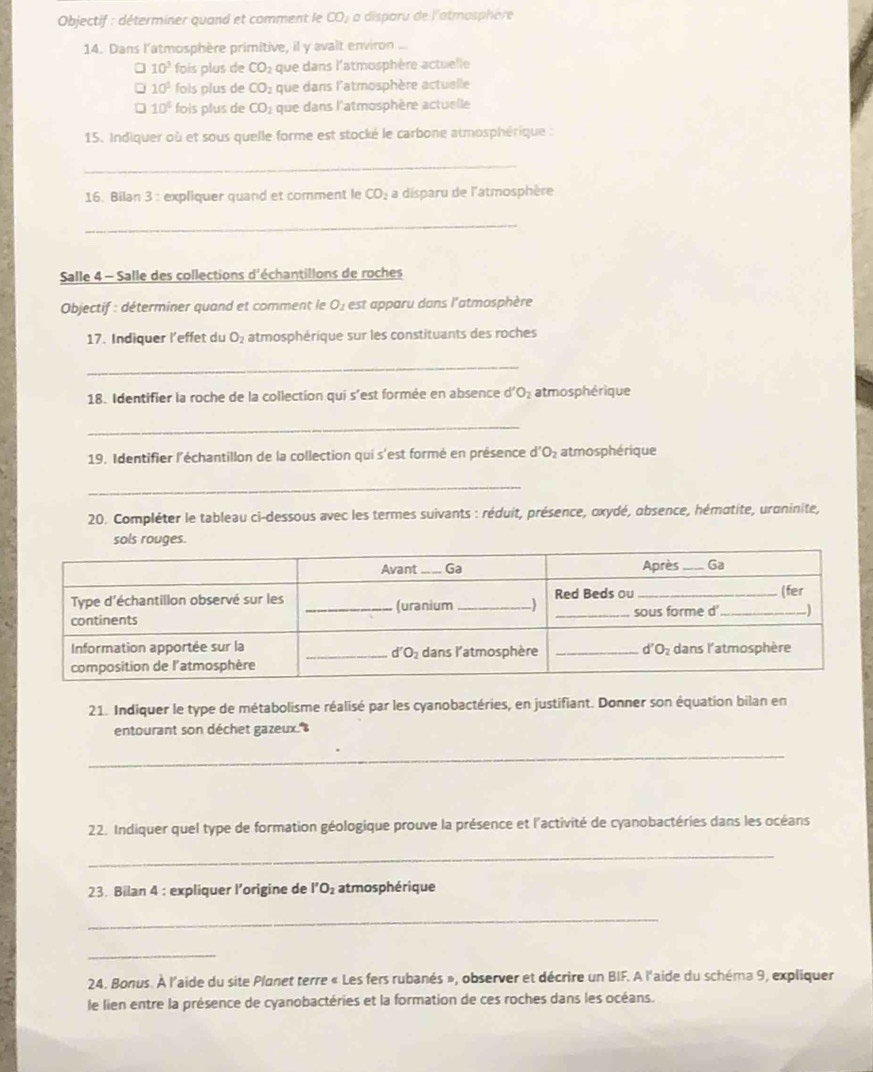 Objectif : déterminer quand et comment le CO_2 a disparu de l'atmasphère
14. Dans l'atmosphère primitive, il y avalt environ ...
10^3 foís plus de CO_2 que dans l'atmosphère actuelle
10^5 fois plus de CO_2 que dans l'atmosphère actuelle
10^5 fois plus de CO_2 que dans l'atmosphère actuelle
15. Indiquer où et sous quelle forme est stocké le carbone atmosphérique :
_
16. Bilan 3 : expliquer quand et comment le CO_2 a disparu de l'atmosphère
_
Salle 4 - Salle des collections d'échantillons de roches
Objectif : déterminer quand et comment le O_2 est apparu dans l'atmosphère
17. Indiquer l’effet du O_2 atmosphérique sur les constituants des roches
_
18. Identifier la roche de la collection qui s'est formée en absence sigma O_2 atmosphérique
_
19. Identifier l'échantillon de la collection qui s'est formé en présence d' O_2 atmosphérique
_
20. Compléter le tableau ci-dessous avec les termes suivants : réduit, présence, oxydé, obsence, hématite, uraninite,
sols rouges.
21. Indiquer le type de métabolisme réalisé par les cyanobactéries, en justifiant. Donner son équation bilan en
entourant son déchet gazeux. 
_
22. Indiquer quel type de formation géologique prouve la présence et l'activité de cyanobactéries dans les océans
_
23. Bilan 4 : expliquer l’origine de l O_2 atmosphérique
_
_
24. Bonus. À l'aide du site Planet terre « Les fers rubanés », observer et décrire un BIF. A l'aide du schéma 9, expliquer
le lien entre la présence de cyanobactéries et la formation de ces roches dans les océans.
