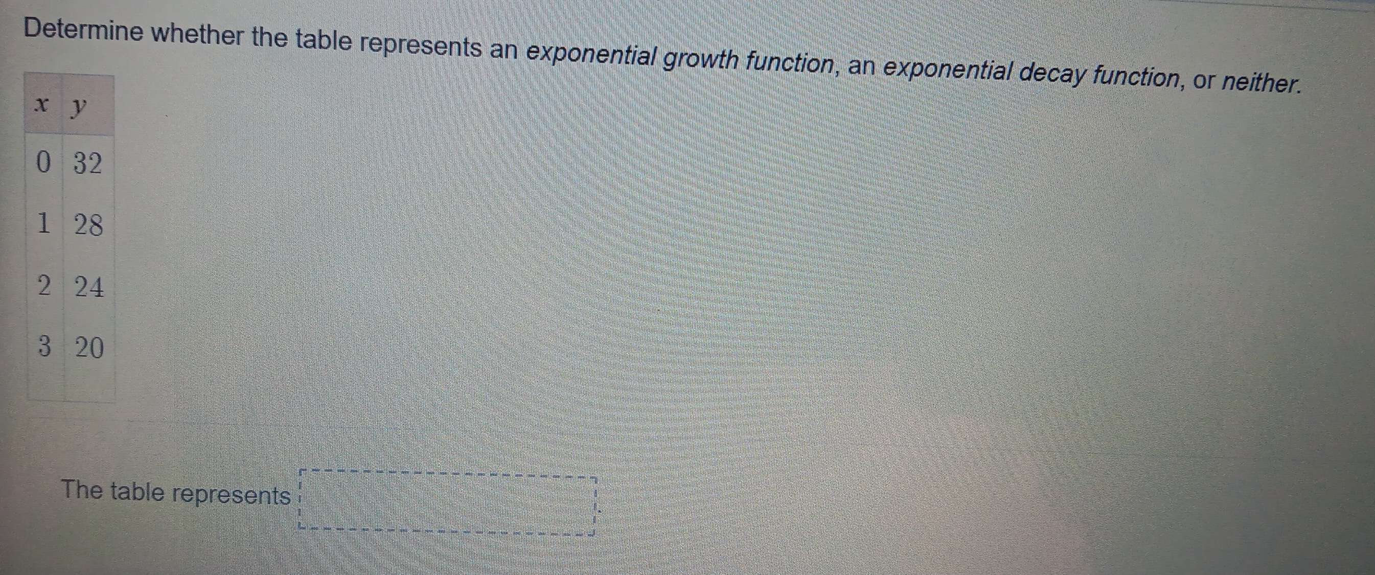 Determine whether the table represents an exponential growth function, an exponential decay function, or neither. 
The table represents frac □ 