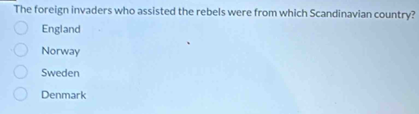 The foreign invaders who assisted the rebels were from which Scandinavian country?
England
Norway
Sweden
Denmark