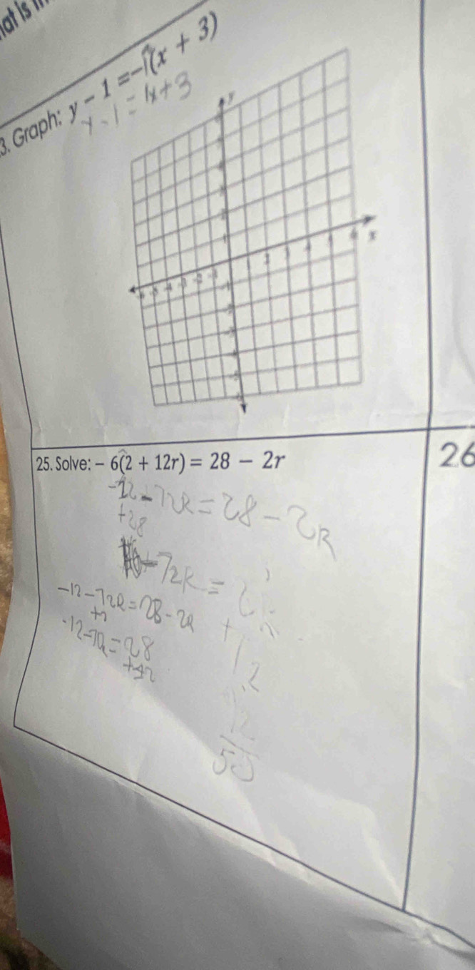 at is m 
. Graph: 
25. Solve: -6(2+12r)=28-2r
26