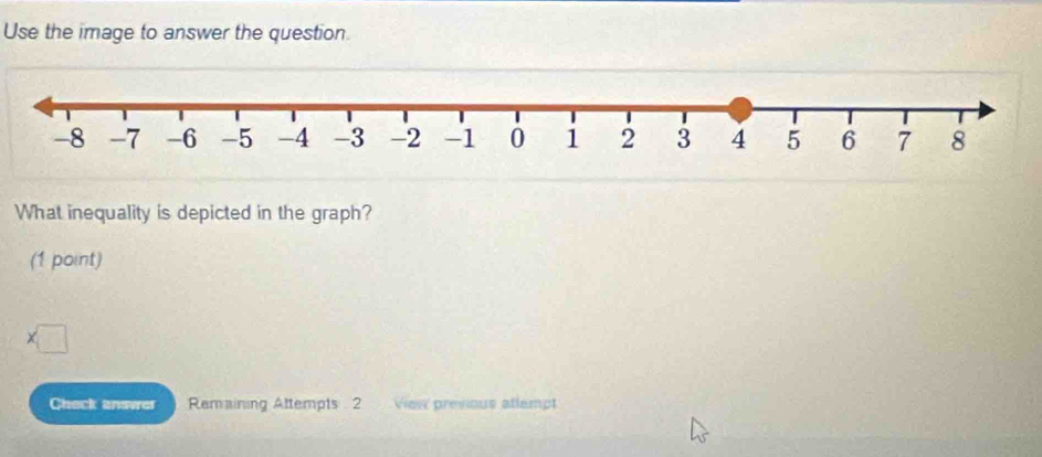 Use the image to answer the question. 
What inequality is depicted in the graph? 
(1 point) 
Check answer Remaining Attempts 2 View previous atlempt