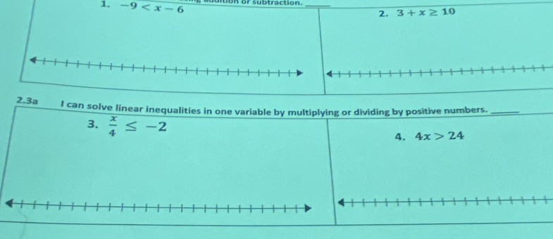 -9 uition or subtraction._ 
2. 3+x≥ 10
2.3a I can solve linear inequalities in one variable by multiplying or dividing by positive numbers._ 
3.  x/4 ≤ -2
4. 4x>24