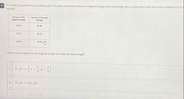 A triangle is graphed on a coordinate grid. The table shows the vertices of original triangle and new triangle after a scale factor with the center of dilation at (0,c
applied.
What rule was applied to the original triangle to create the new triangle?
A (x,y)to (x+ 1/2 ,y+ 1/2 )
(x,y)to (2x,2y)
(1,1)