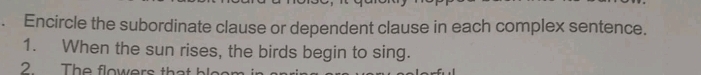 Encircle the subordinate clause or dependent clause in each complex sentence. 
1. When the sun rises, the birds begin to sing. 
2The flowers that bl